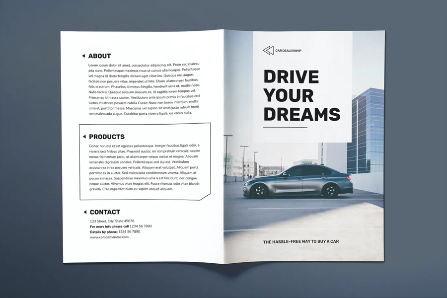 Car dealership bi-fold brochure template